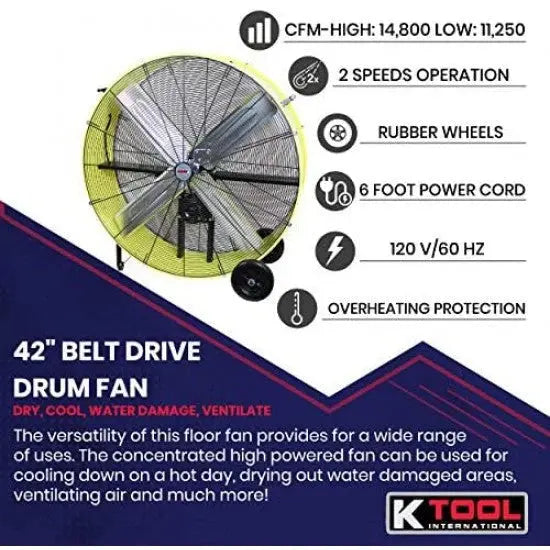 K Tool International 42-Inch Industrial Drum Fan  Dual-Speed, Safety Yellow, Rubber-Wheeled & Tip-Over Protected