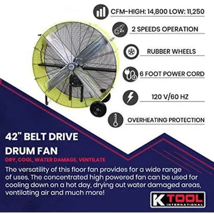 K Tool International 42-Inch Industrial Drum Fan  Dual-Speed, Safety Yellow, Rubber-Wheeled & Tip-Over Protected