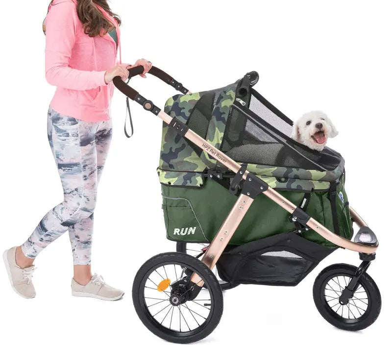 All-Terrain Pet Jogging Stroller  Aluminum Frame, Zipper-Free Entry, One-Hand Fold, Rubber Wheels (Green Camo)