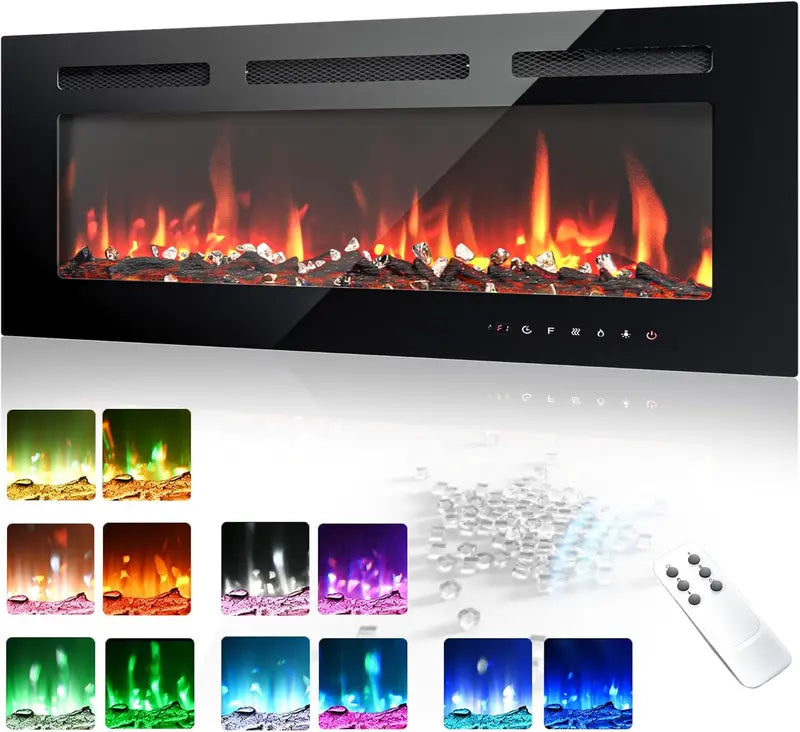 EUHOMY 50-Inch Recessed & Wall-Mounted Electric Fireplace  Adjustable Flame Color, Touchscreen, Timer & Remote, 750/1500W Linear Heater