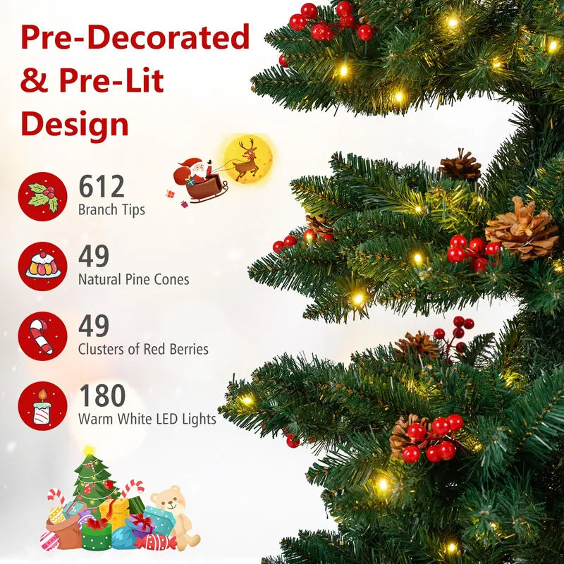 6-Foot or 7-Foot Spiral Pre-Lit Christmas Tree Featuring Pine Cones, Red Berries, and Realistic Tips