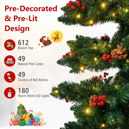 6-Foot or 7-Foot Spiral Pre-Lit Christmas Tree Featuring Pine Cones, Red Berries, and Realistic Tips