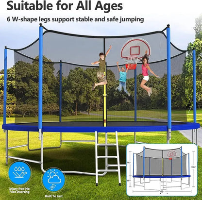 16-Foot Upgraded Trampoline with Enclosure Net and Adjustable Basketball Hoop