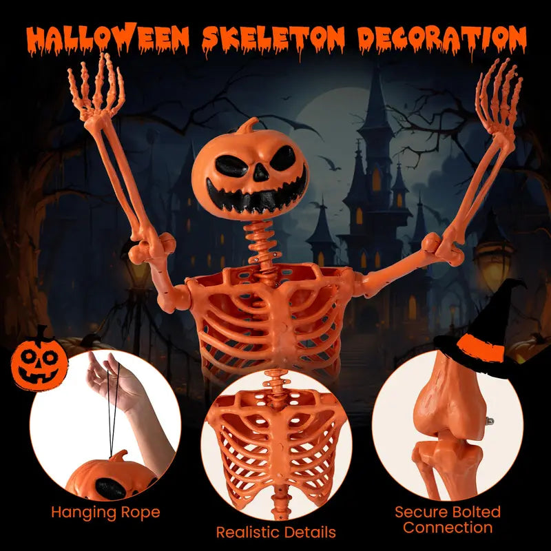 5.2-Foot Posable Halloween Skeleton  Glow-in-the-Dark Pumpkin-Head Yard Decoration