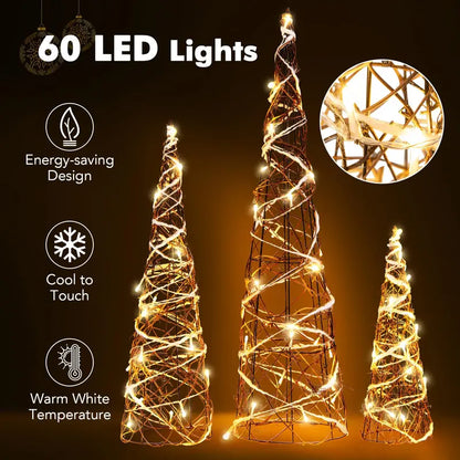 Set of Three Tapered Indoor Christmas Cone Trees ¡ª 32¡å, 24¡å, and 16¡å with Warm White LED Lights