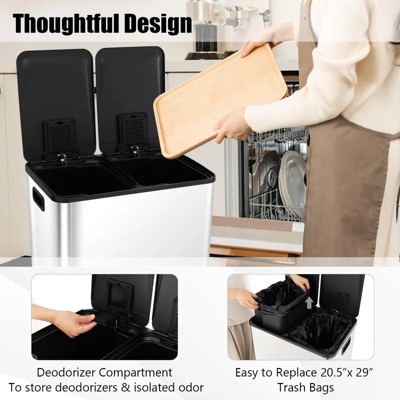 16-Gallon Dual-Bin Stainless Steel Kitchen Trash Can