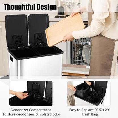 16-Gallon Dual-Bin Stainless Steel Kitchen Trash Can