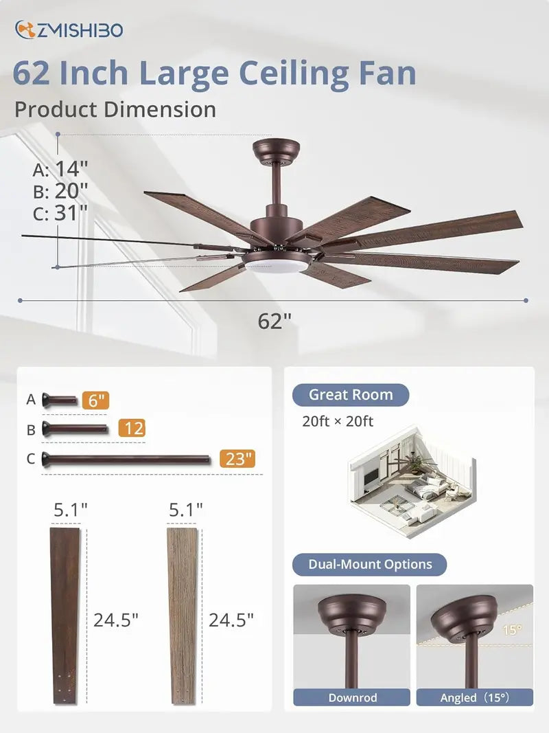 ZMISHIBO 72-Inch Dual-Finish Ceiling Fan with Integrated Light & Remote | Indoor/Outdoor Quiet DC Motor, 6-Speed Reversible, 3-CCT Adjustable Lighting, 8-Blade Modern Design
