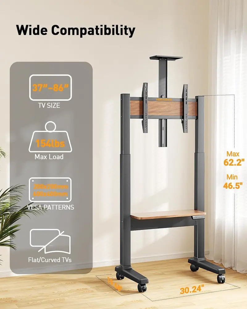 Motorized Rolling TV Stand  Electric Height Adjustment, Supports TVs 37″86″, VESA-Compatible, Wooden Shelf & Panel Design