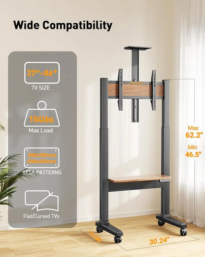 Motorized Rolling TV Stand  Electric Height Adjustment, Supports TVs 37″86″, VESA-Compatible, Wooden Shelf & Panel Design
