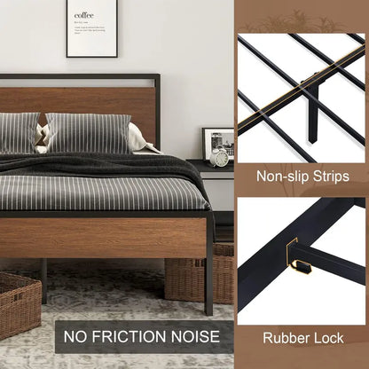 SHA CERLIN Queen Metal Platform Bed  14-Inch Frame with Wooden Headboard &amp; Footboard