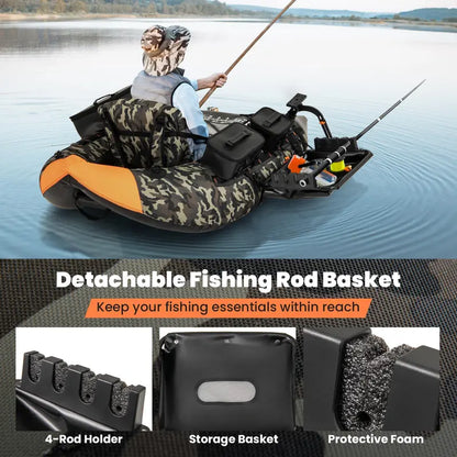 Compact Fishing Float Tube  Inflatable Belly Boat with Integrated Fish Ruler, Pump & Travel Bag