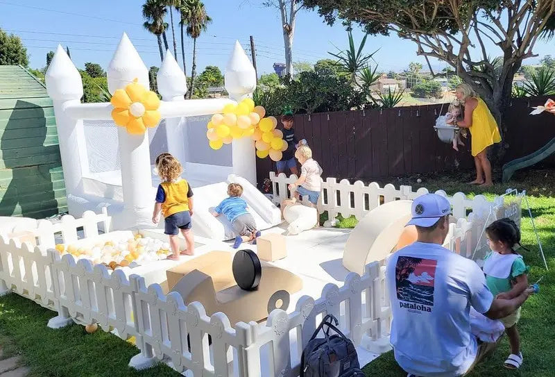 White Indoor/Outdoor Toddler Bounce House  Oxford Fabric Castle with Slide, Balloons & Blower  103 x 71 x 90 Inches  Ideal for Birthdays & Holiday Parties