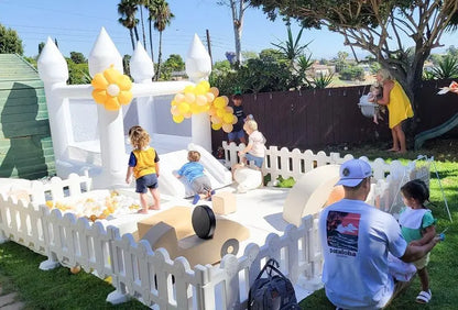 White Indoor/Outdoor Toddler Bounce House  Oxford Fabric Castle with Slide, Balloons & Blower  103 x 71 x 90 Inches  Ideal for Birthdays & Holiday Parties