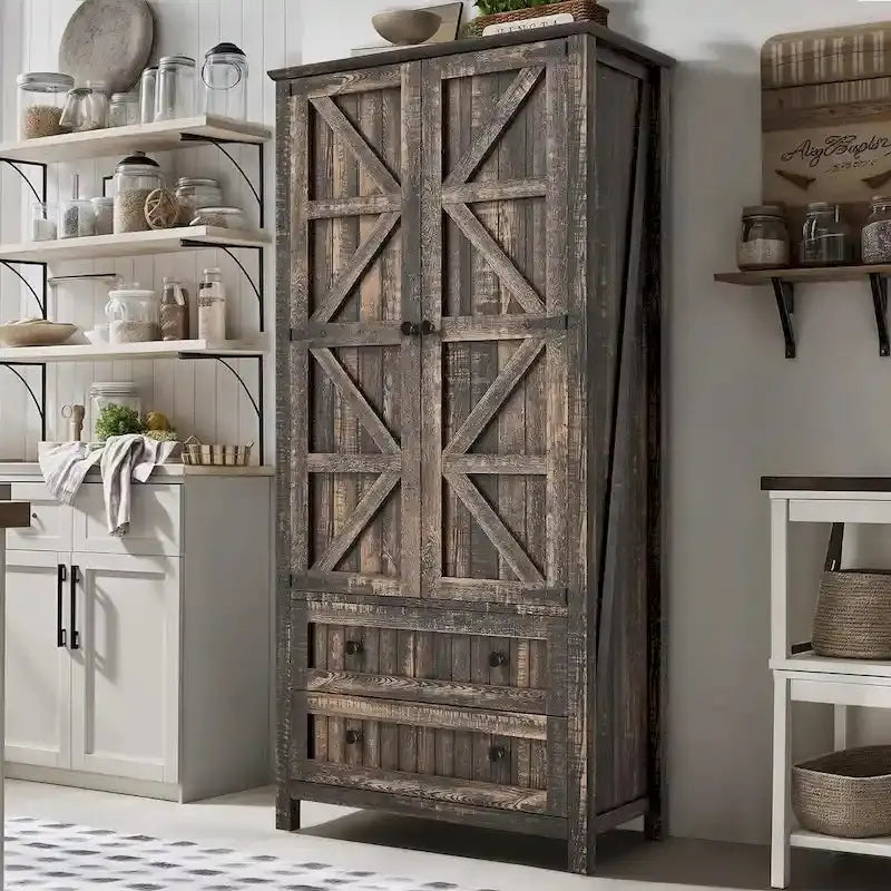 64″ Tall Farmhouse Kitchen Pantry Cabinet  Dual Drawers & Adjustable Shelving
