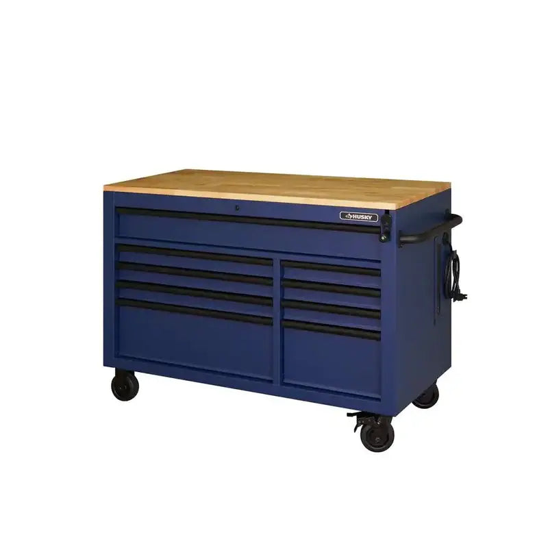 52 in. Matte Blue Mobile Workbench  9-Drawer Adjustable-Height Unit with Solid Wood Top
