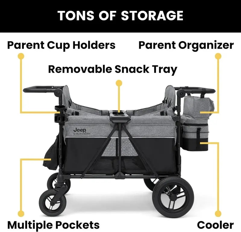Delta Children Jeep Wrangler Quad Stroller  Premium 4-Seat All-Terrain Pushchair for Toddlers