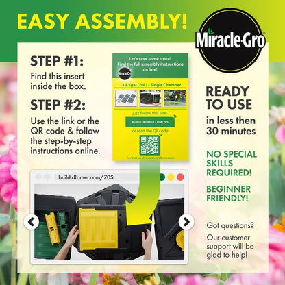 Miracle-Gro Single Chamber Outdoor Garden Compost Bin  18.5gal (70L) Capacity  Heavy Duty, Easy to Assemble Tumbling Composter  Gardening Gloves Included