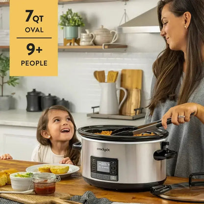 7-Quart Portable Slow Cooker  Programmable Timer, Locking Lid, Stainless Steel Crock