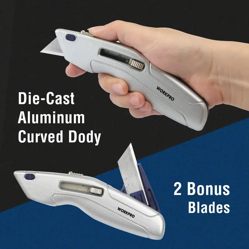 WORKPRO Retractable Utility Knife  Self-Retracting Safety Box with 2 Spare Blades