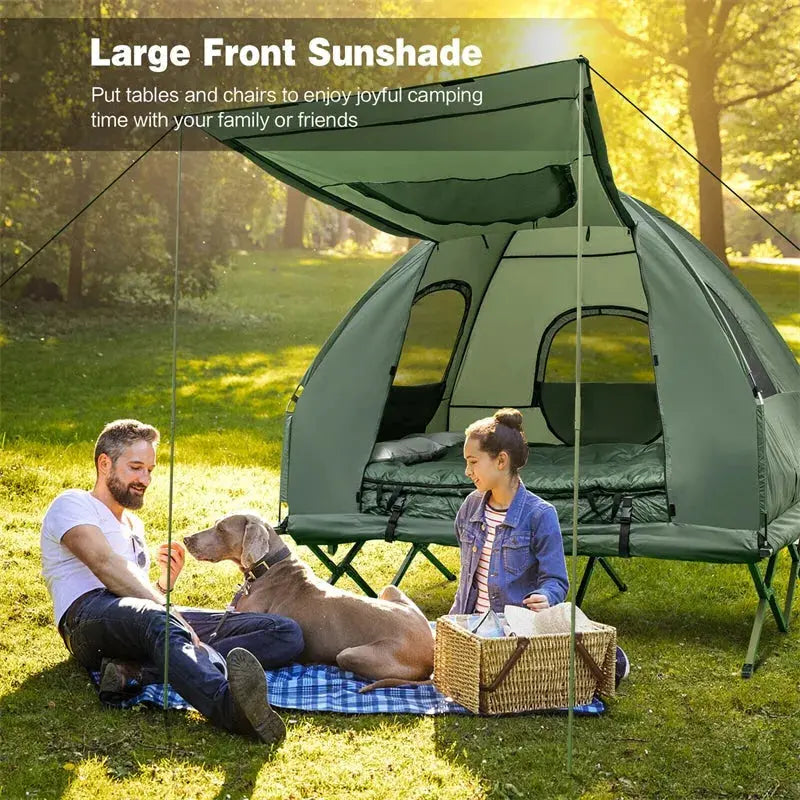 5-in-1 Portable Camping Cot Tent  2-Person Outdoor Combo Featuring Air Mattress, Sleeping Bag, Sunshade & Integrated Tent Structure