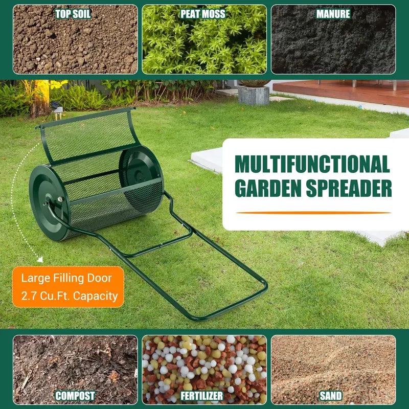 27-Inch Heavy-Duty Compost & Peat Moss Spreader with Metal Mesh Roller