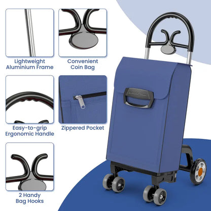6-Wheel Heavy-Duty Folding Grocery Cart, Expandable Shopping Trolley with Reinforced Frame