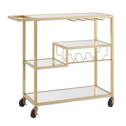 Chelsea Lane Mirror Glass Top Metal Bar Cart, Champagne Gold
