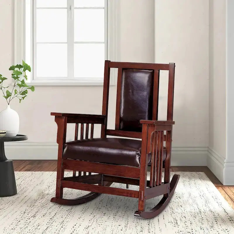 Mission-Style Leather Rocking Chair  Tobacco & Dark Brown Upholstered Seat and Backrest
