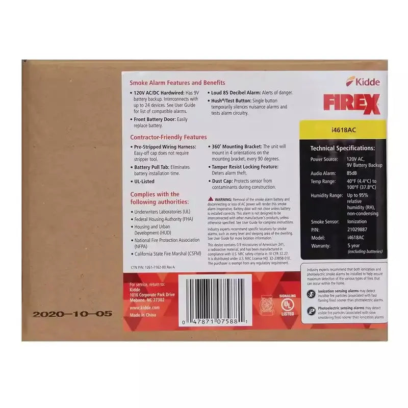 Hardwired Smoke Alarm  Ionization Sensor with 120V AC Power & 9V Battery Backup