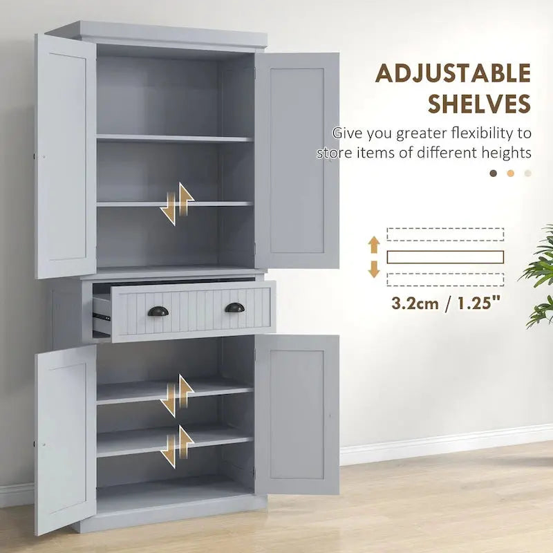 72-Inch Freestanding Pantry Cabinet  Traditional Style with Four Doors, Three Adjustable Shelves, and Spacious Center Drawer