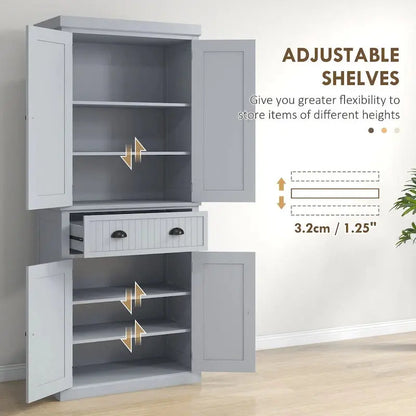 72-Inch Freestanding Pantry Cabinet  Traditional Style with Four Doors, Three Adjustable Shelves, and Spacious Center Drawer