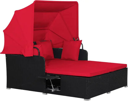 RELAX4LIFE 2-Person Rattan Patio Daybed with Retractable Canopy, Cushions, Pillows &amp; Side Trays (Turquoise)