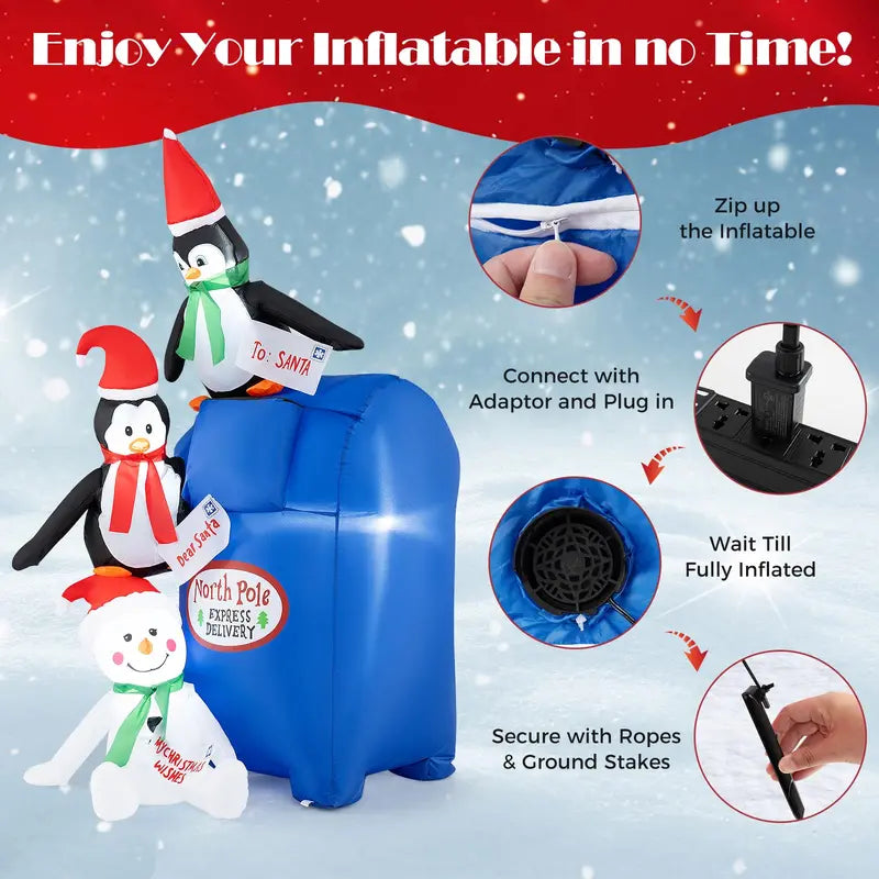6-Foot Inflatable Christmas Display: Light-Up Santa Mailbox with Penguin and Snowman Scene