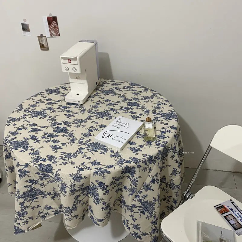 Blue Rose Floral Tablecloth in Vintage Cotton-Linen Blend for Dining & Picnics
