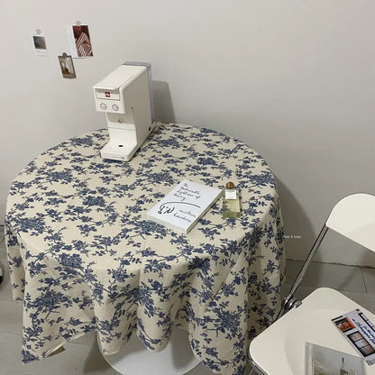 Blue Rose Floral Tablecloth in Vintage Cotton-Linen Blend for Dining & Picnics