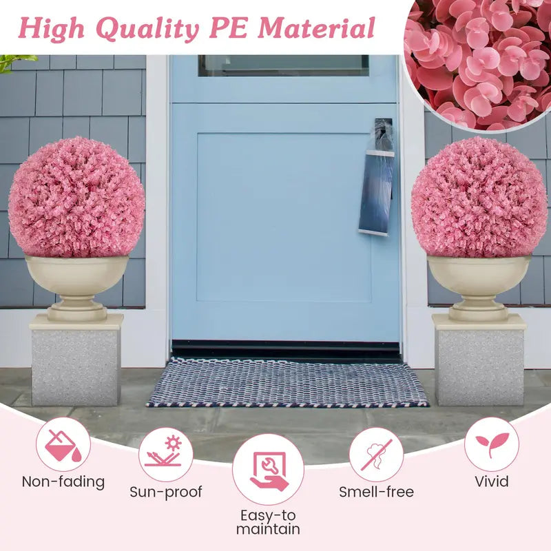 Set of Two 17.5-Inch Outdoor Artificial Topiary Balls  Pink Eucalyptus Faux Greenery