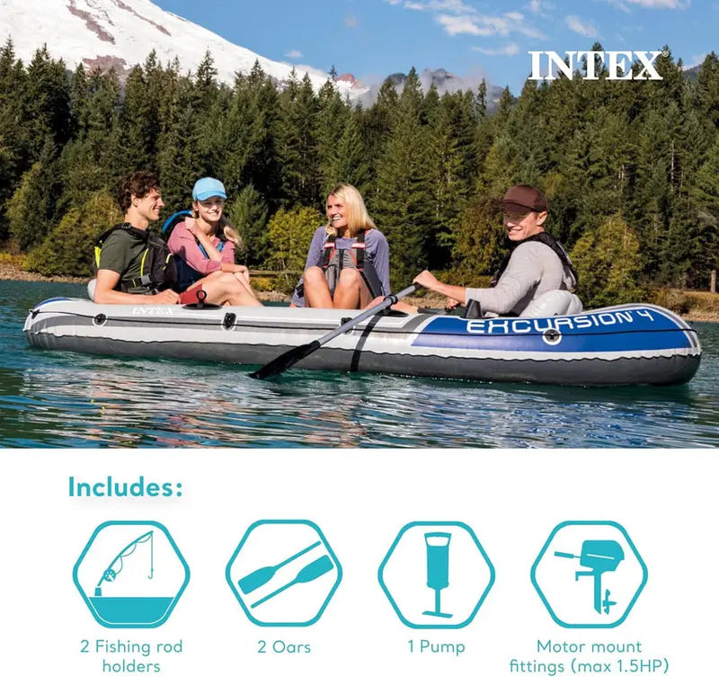 Excursion Inflatable Fishing Boat  SuperTough PVC with Adjustable Backrest Seats, Rod Holders & Welded Oar Locks