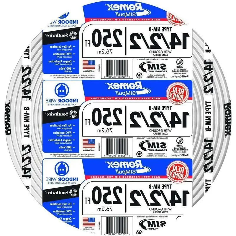 250-Foot 14/2/2 NM-B Romex SIMpull Cable — Solid Copper, With Ground