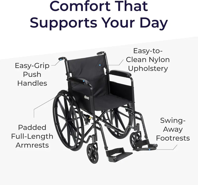 Drive Medical Silver Sport 1 Folding Transport Wheelchair  Lightweight, Compact Mobility Aid
