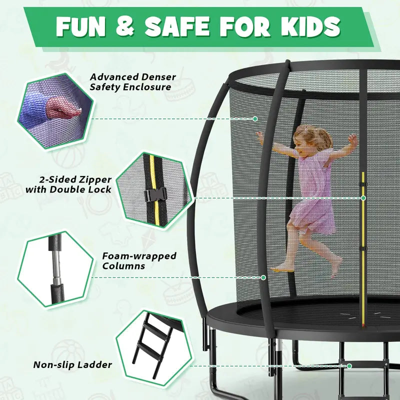 8FT / 10FT / 12FT Outdoor Trampoline  400 lb Capacity Enclosed Recreational Bounce Platform