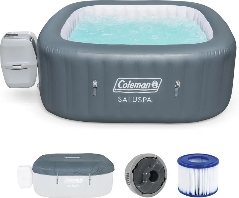 Coleman SaluSpa Atlantis Square Inflatable Hot Tub  46 Person, 140 AirJets, Insulated Cover, Portable Spa Experience
