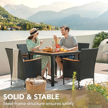 Devoko 7-Piece Rattan Patio Conversation Set — Acacia Wood Table Top and Woven Seating