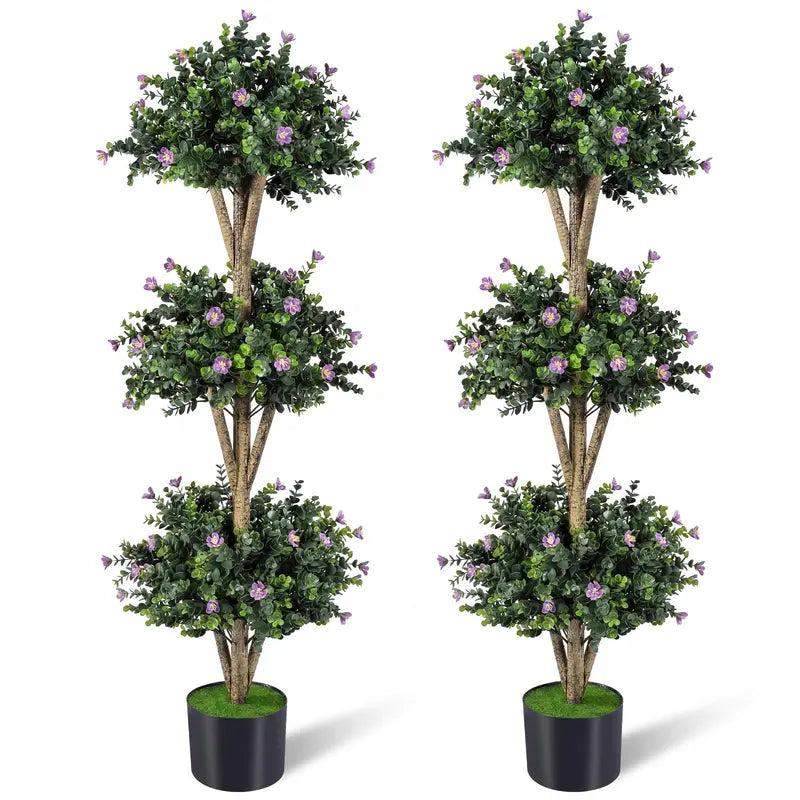 51-Inch Artificial Triple-Ball Boxwood Topiary Tree with 59 Blossoms and Weighted Plastic Pot