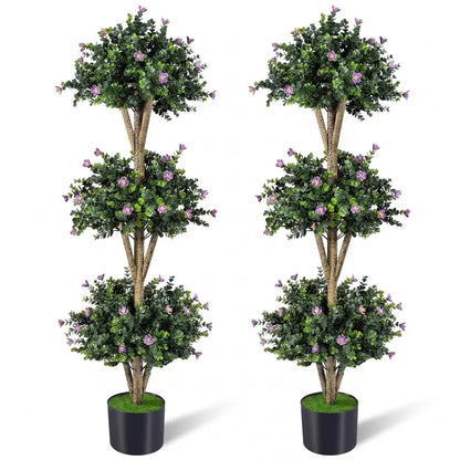 51-Inch Artificial Triple-Ball Boxwood Topiary Tree with 59 Blossoms and Weighted Plastic Pot