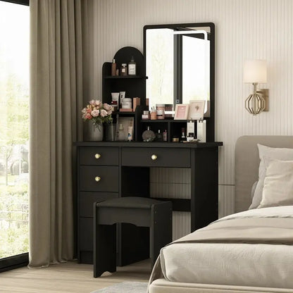 LED-Lit Makeup Vanity Desk Set  Includes Mirror, Adjustable Lighting, and Matching Stool