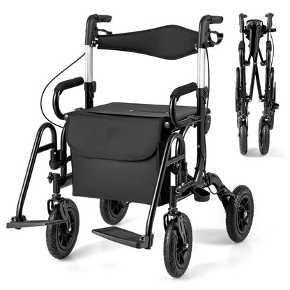 Convertible Rollator Walker and Transport Wheelchair  Foldable Dual-Function Mobility Aid with Locking Brakes