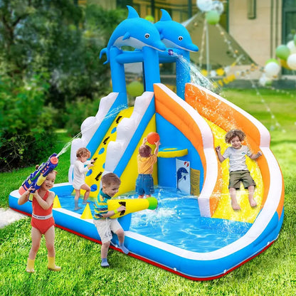5-in-1 Inflatable Dolphin Water Play Center  Bounce House, Climbing Wall, Splash Pool, Water Cannon & Basketball Hoop for Backyard Fun