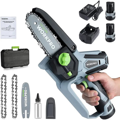 WORKPRO 6.3″ Compact Cordless Mini Chainsaw with Dual Batteries & Spare Bar/Chain