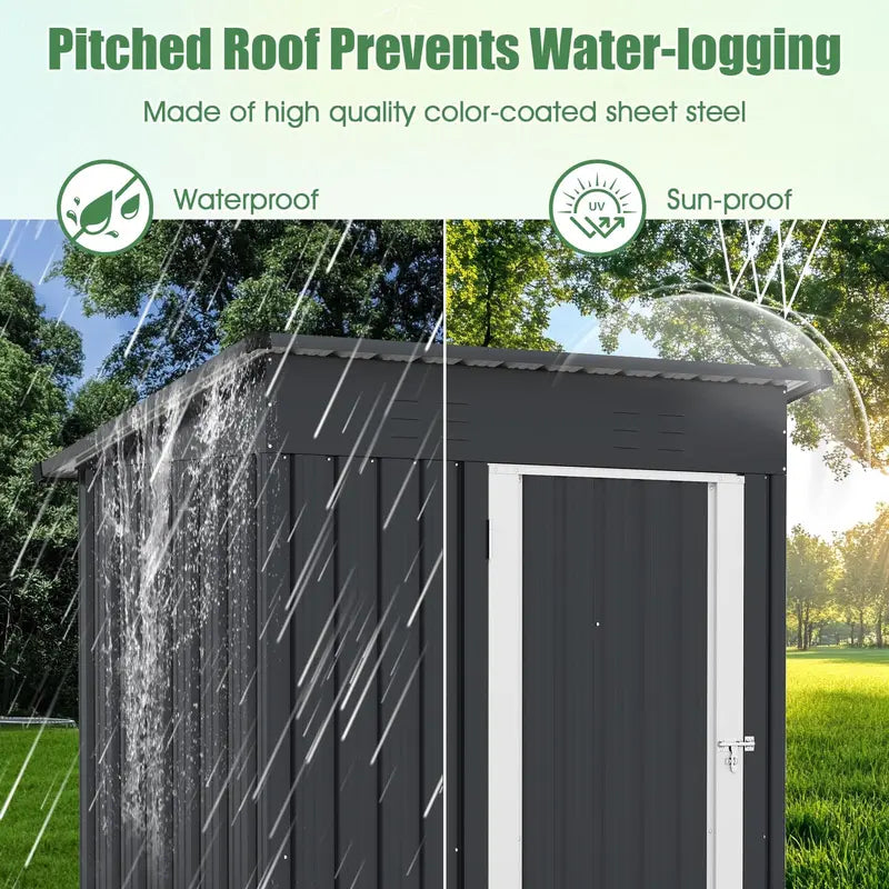 5′ x 3′ Compact Metal Storage Shed — Sloped-Roof Tool House with Ventilation & Lockable Door